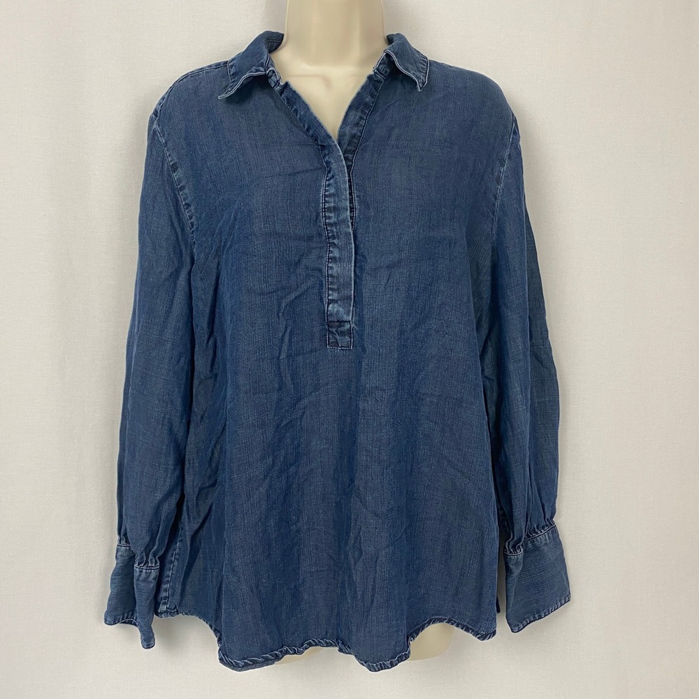 Chicos Size 2 L Blue Tencel Chambray Tunic Shirt Oversized Coastal Boho Denim